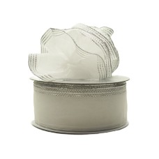 1.5 Inch White Organza Pull Bow Ribbon With 4 Rows of Silver Stripe Accents, 25 Yards (Lot of 1 Spool) SALE ITEM